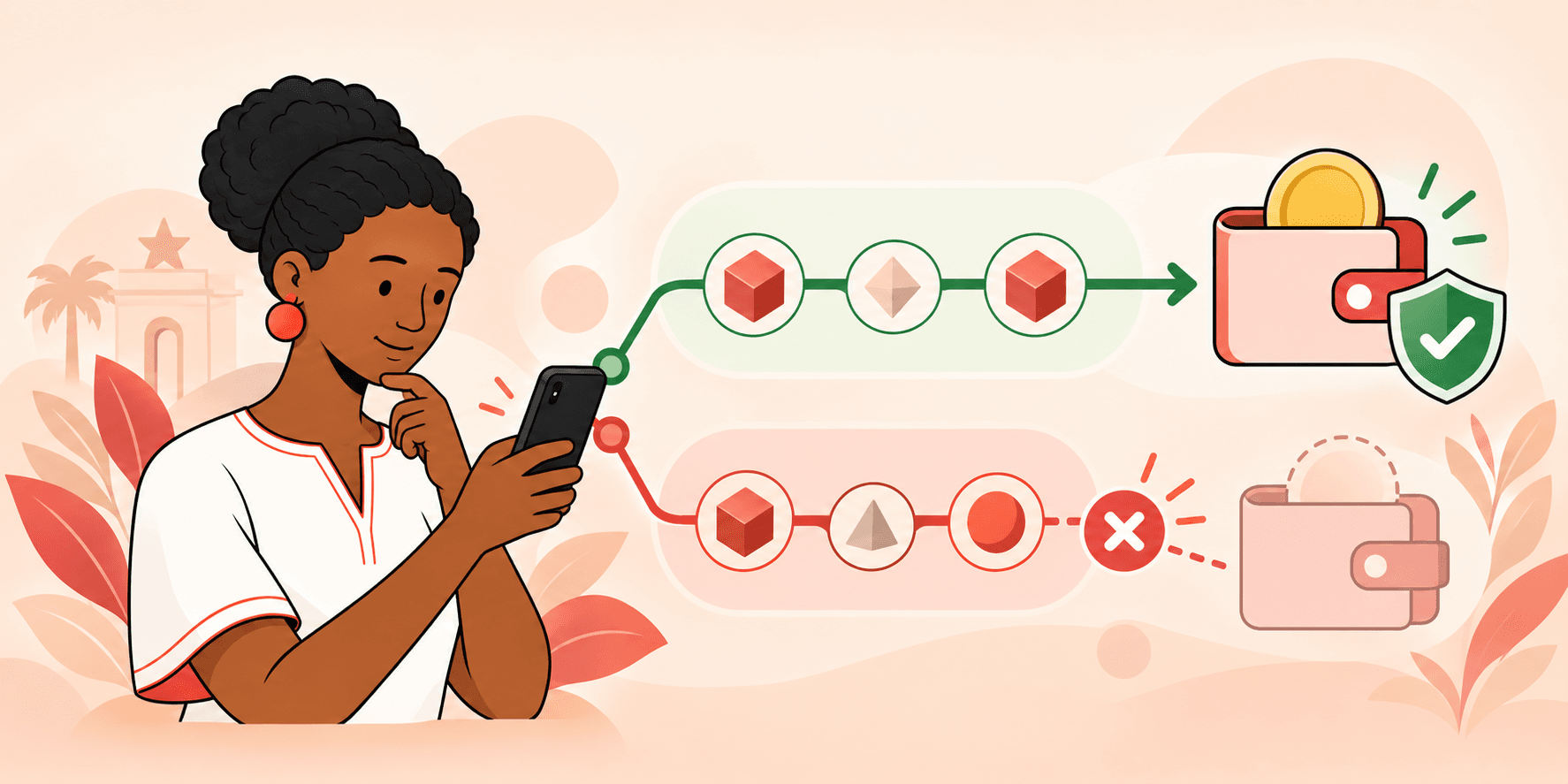 Illustration of a phone and wallet used to check a crypto network