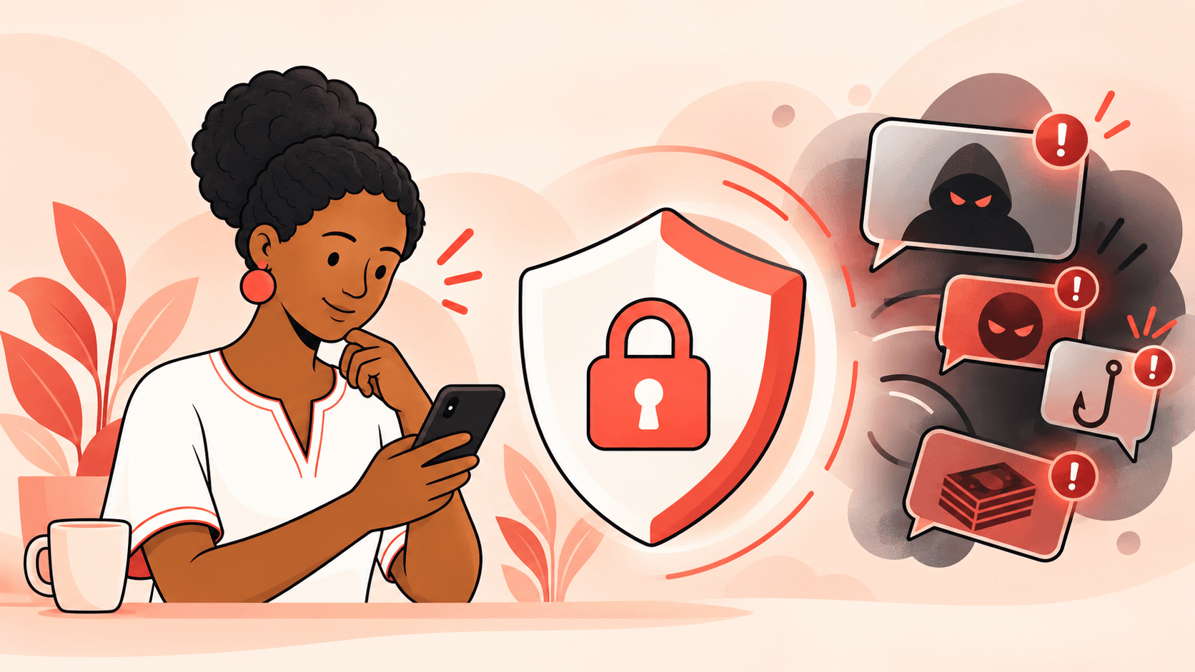 Illustration of a warning shield beside suspicious crypto messages
